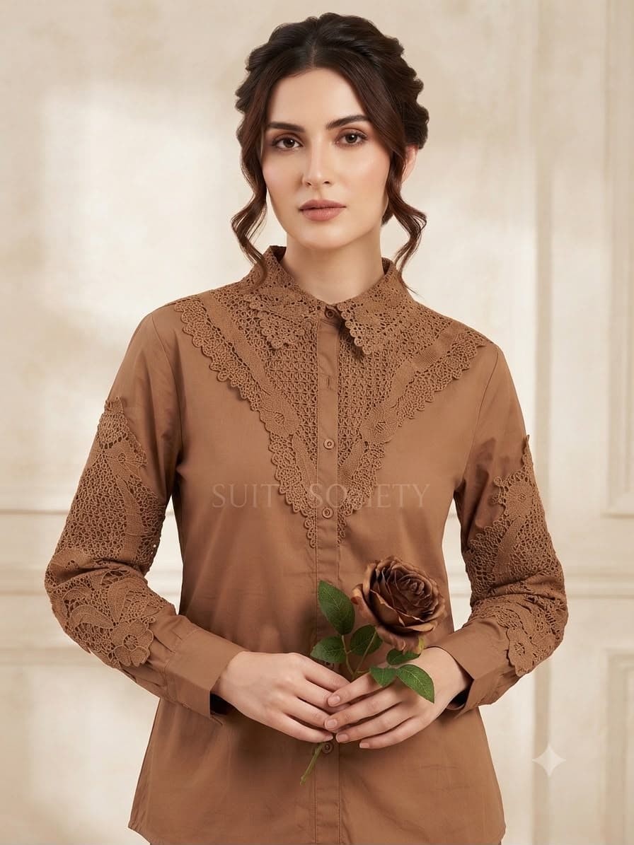 Brown Crochet Korean Shirt