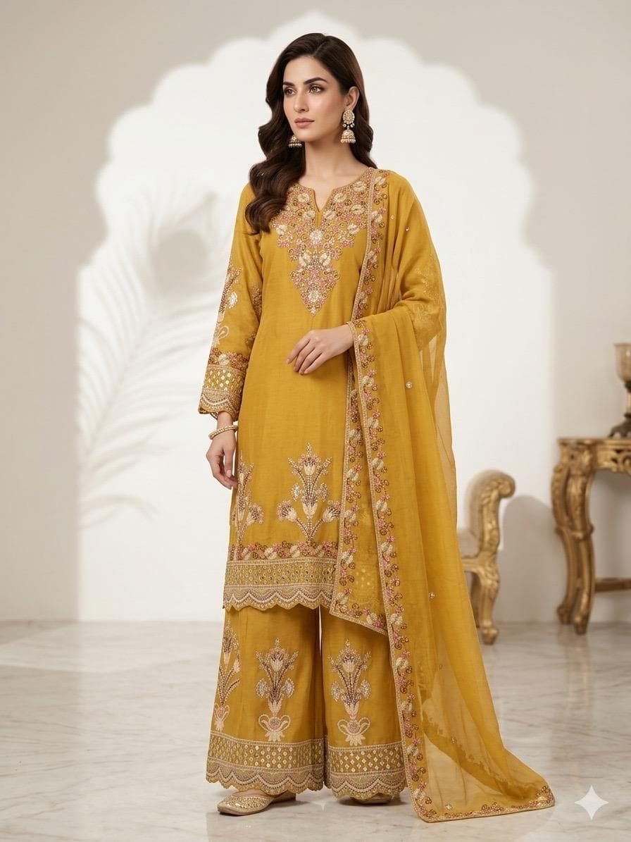 Mustard Noor Embroidered Suit