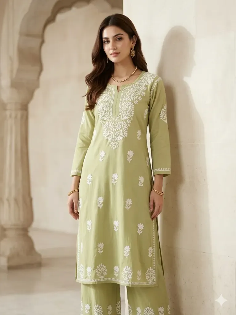 [A999401-G] Pistachio Bloom Chikankari Suit Set