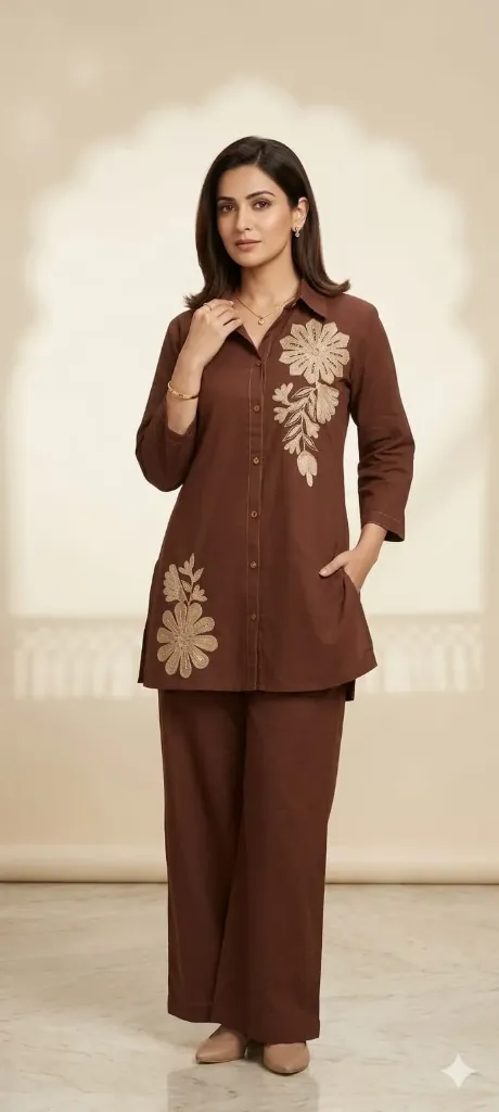 Brown Floral Embroidered Co-ord Set
