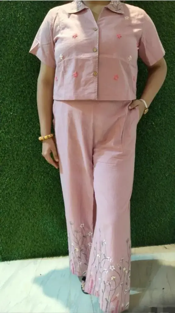 Pink Embroidered Co-ord Set, Button-down Top & Pant