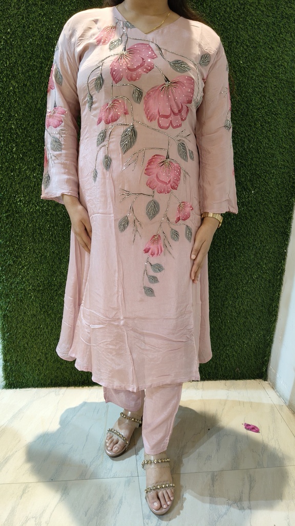 Pink Georgette Suit with Floral Painted Print, Pure Shiffon Dupatta