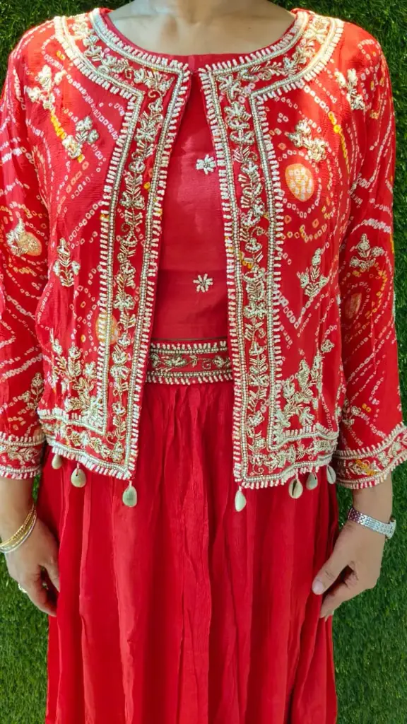 Magenta Bandhani Designer Dress with Mirror & Jari Work Jacket