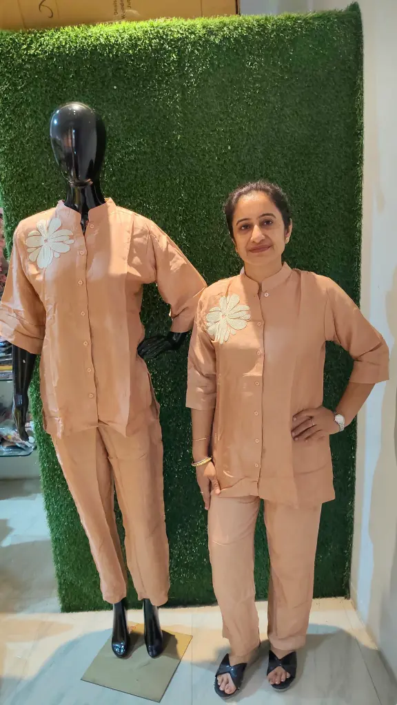 Peach Imported Fabric Co-ord Set with Applique & Pearl Work