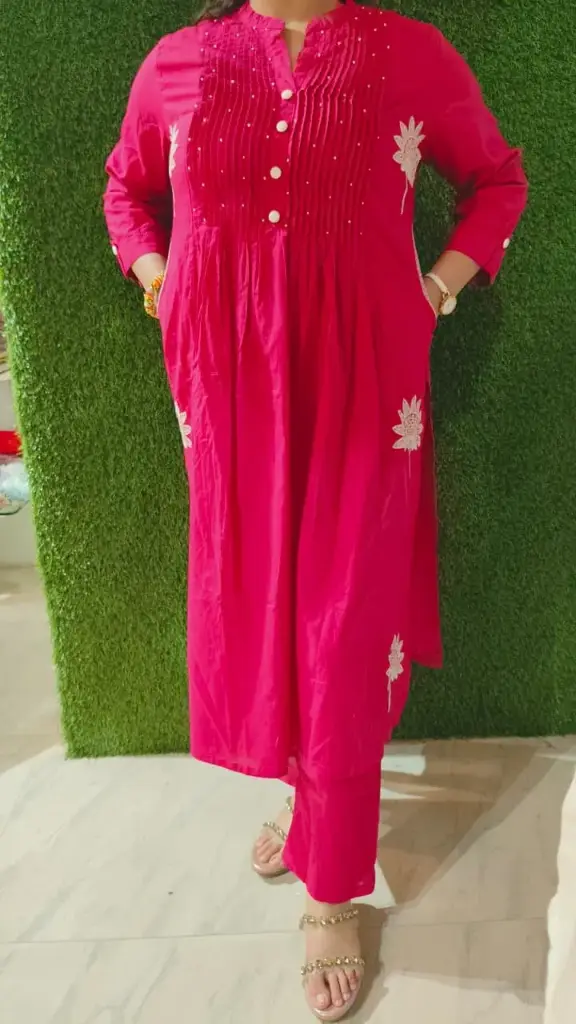 Magenta Cotton Pleated Kurta Pant Set (38 (M))