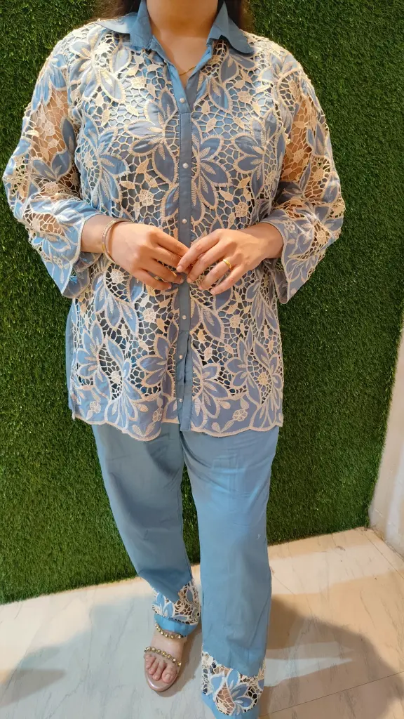 Blue Crochet Coord Set with Cut-Work Design