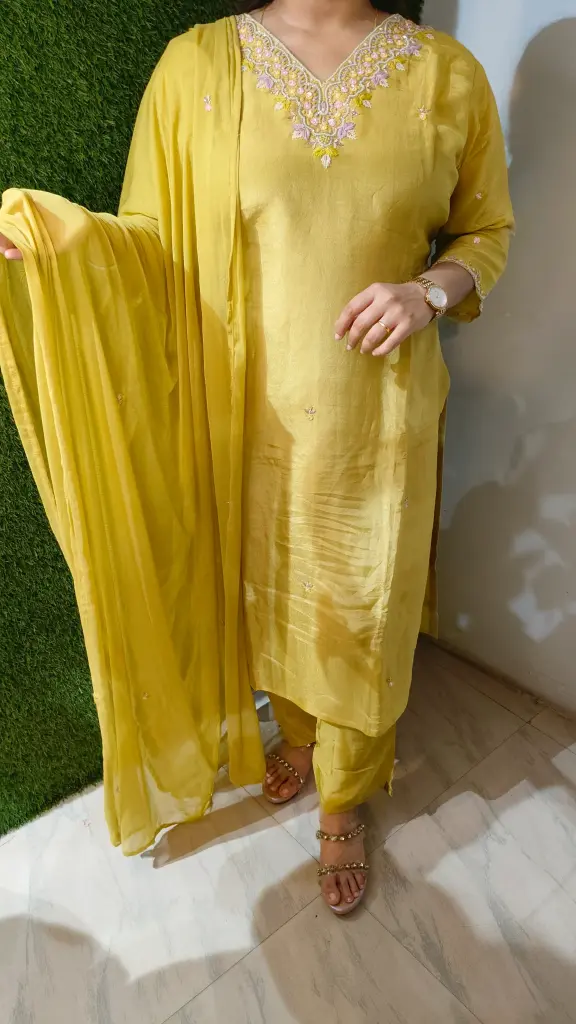 Mustard Yellow Embroidered Silk Kurta Set with Dupatta