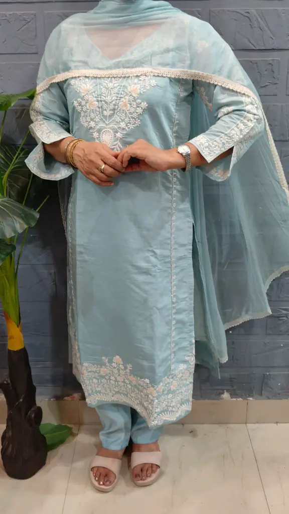 Sky Blue Thread Embroidered Cotton Suit Set with Organza Dupatta