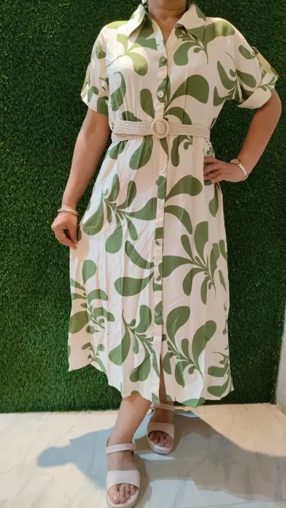 Green Printed Shirt Dress with Belt