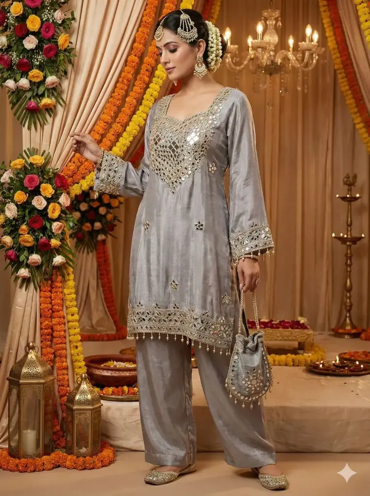 Grey Mirror Work Suit