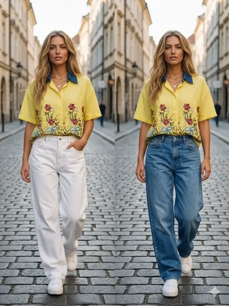 [RST99979-XL-Yellow] Yellow Thread-work Relaxed Fit Crop Shirt (42 (XL))