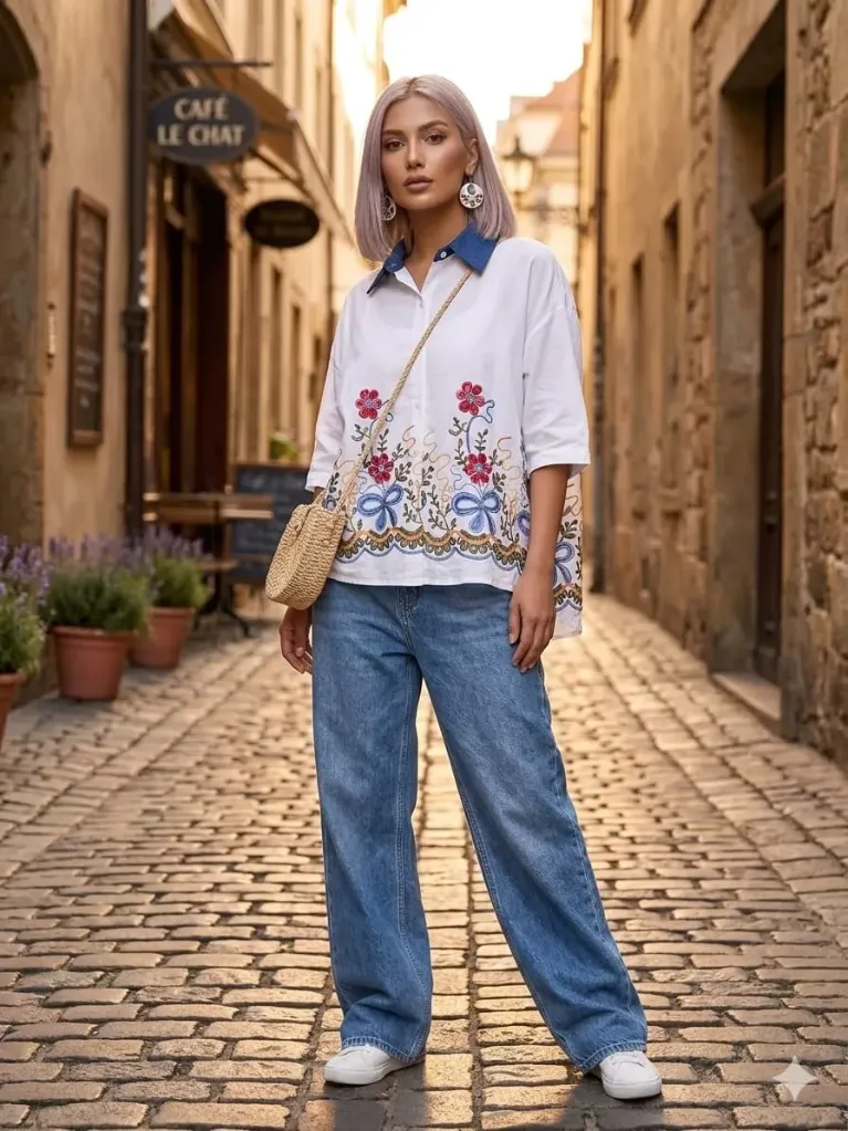 White Thread-work Relaxed Fit Crop Shirt (42 (XL), White)