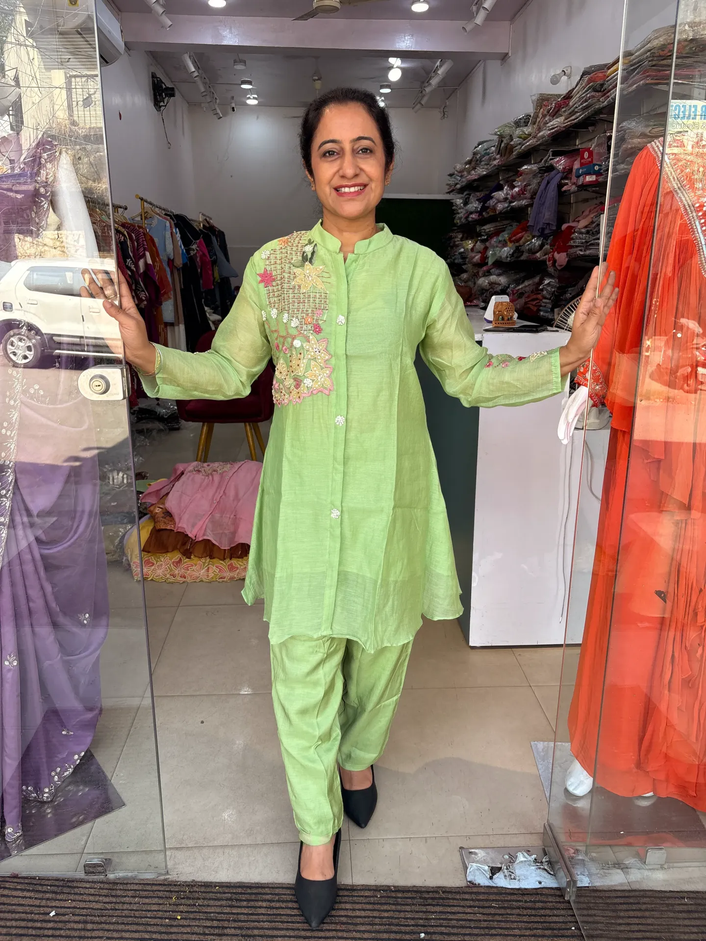 Green Mul-chanderi Co-Ord Set