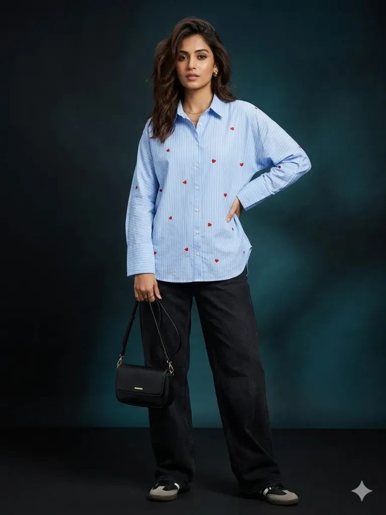Blue Relaxed Shirt with Hearts