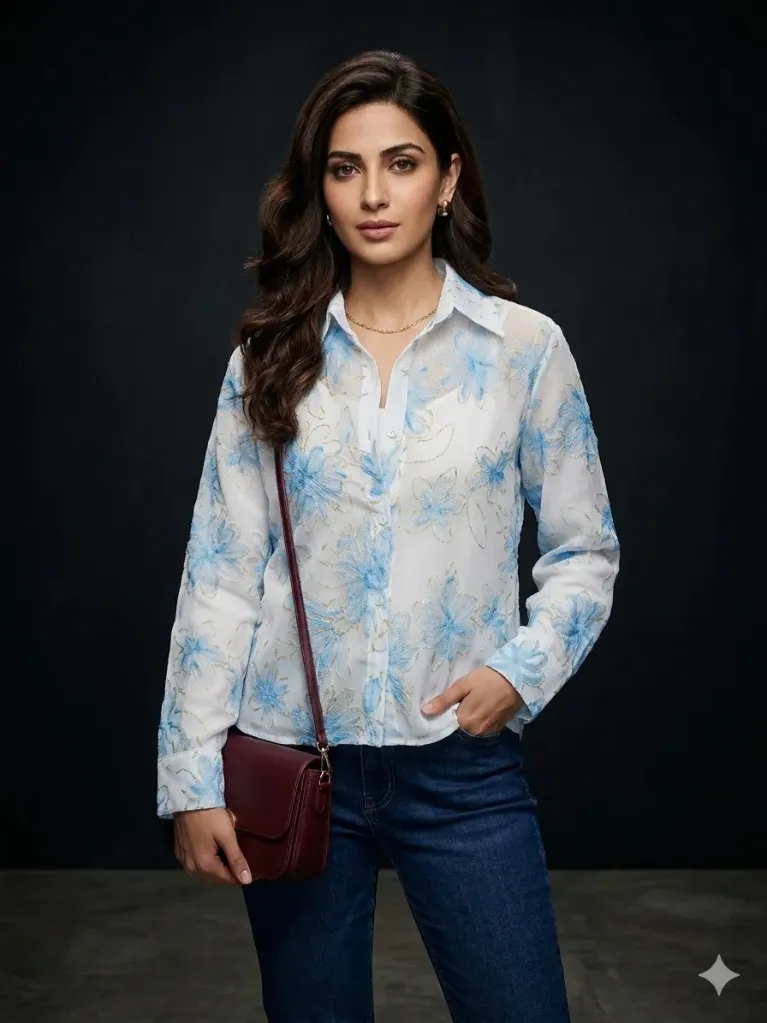[RST990701-L] Blue Soft Shimmer Shirt (40 (L))