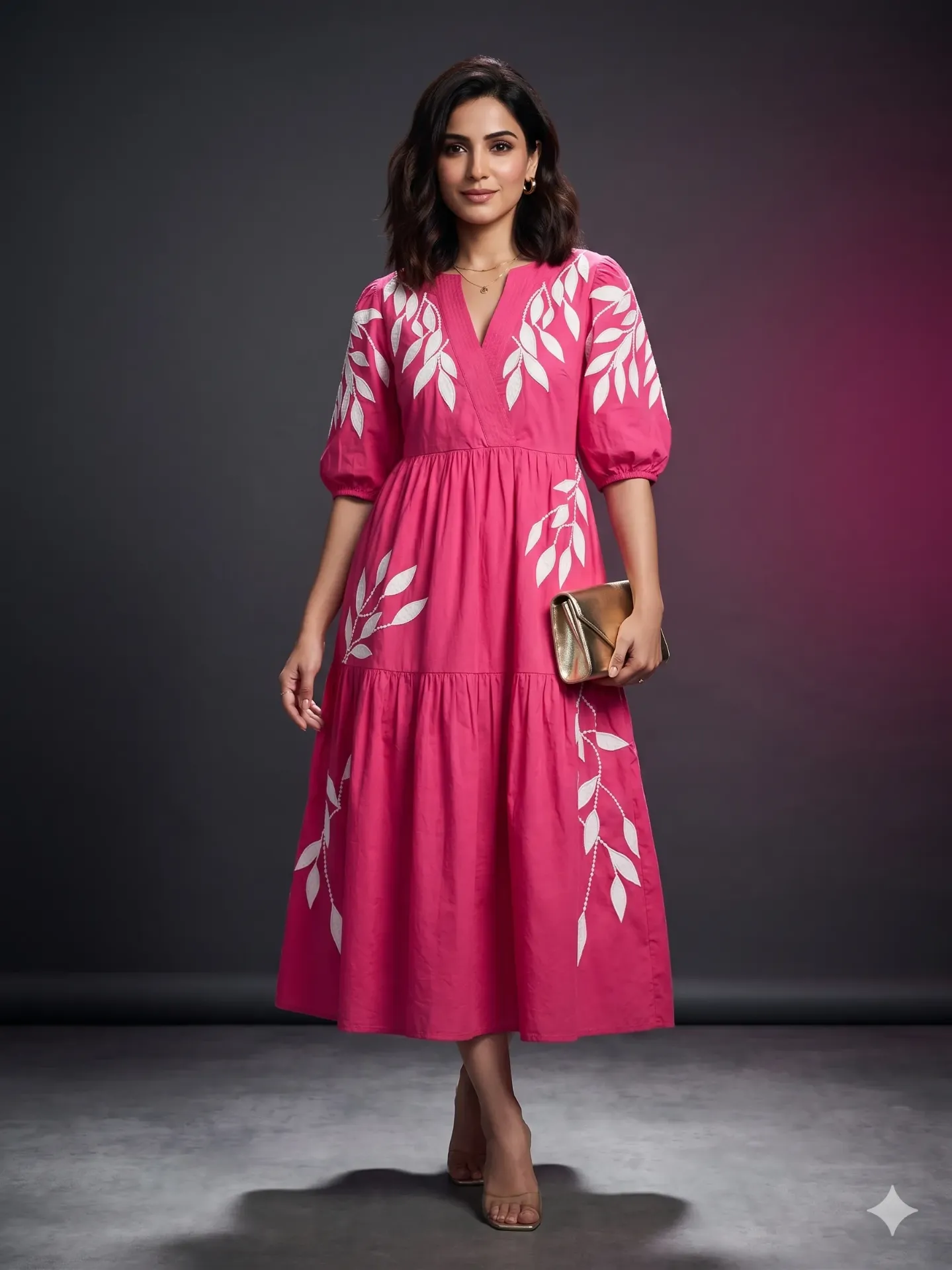 [RST997341] Pink Applique Work Cotton Midi