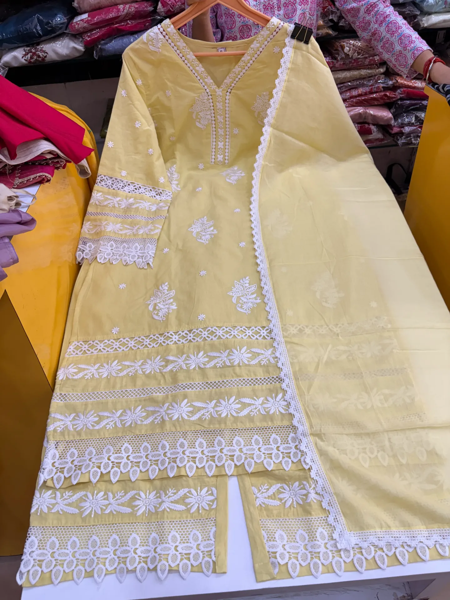 Yellow cut work Crepe Suit