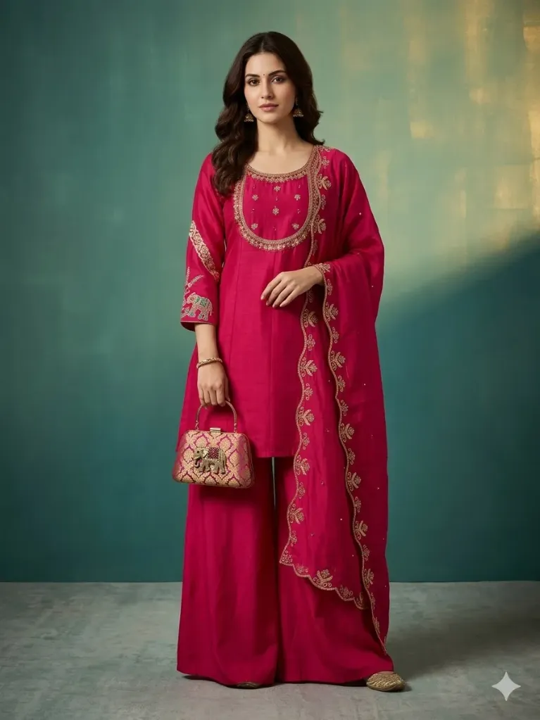 Mul Chanderi Rani Pink Suit