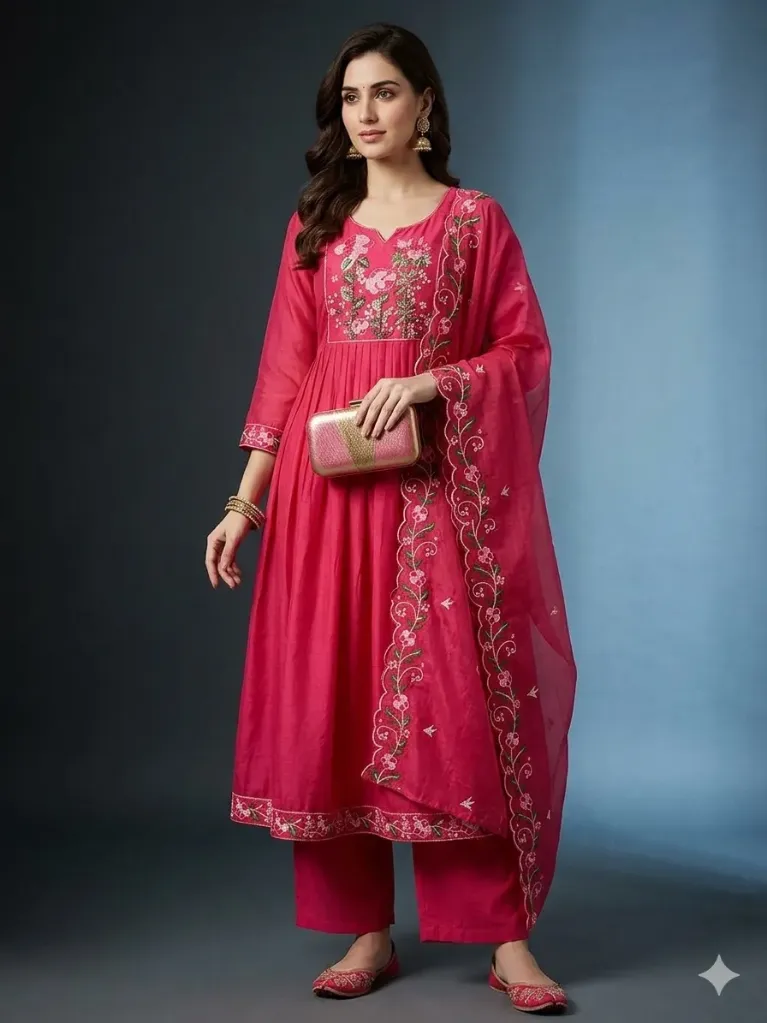 Mul Chanderi Rani Pink Suit
