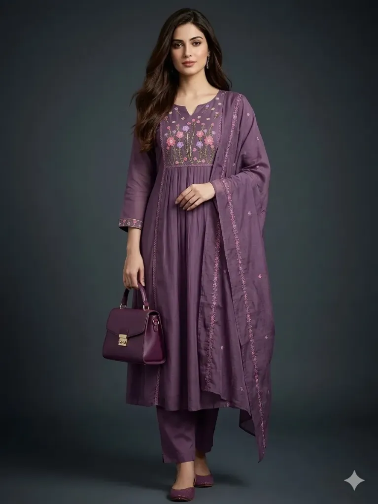 [MV99059-P-M] Mul Chanderi Purple Suit (38 (M))