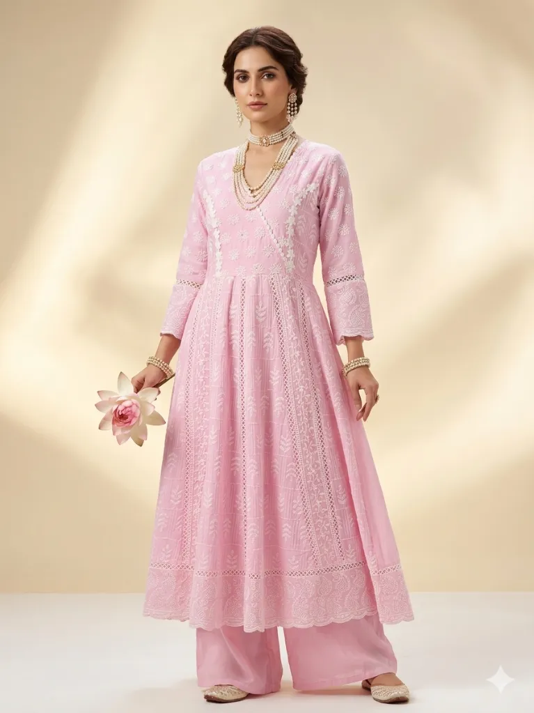 [SS990091-P-M] Pink Gulrukh Chikankari Anarkali (38 (M))