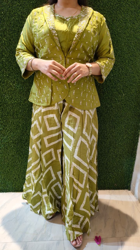 Green Jacket Pattern Printed Plazo Set