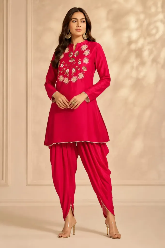 Royal Crimson Bloom Kurti Dhoti Set