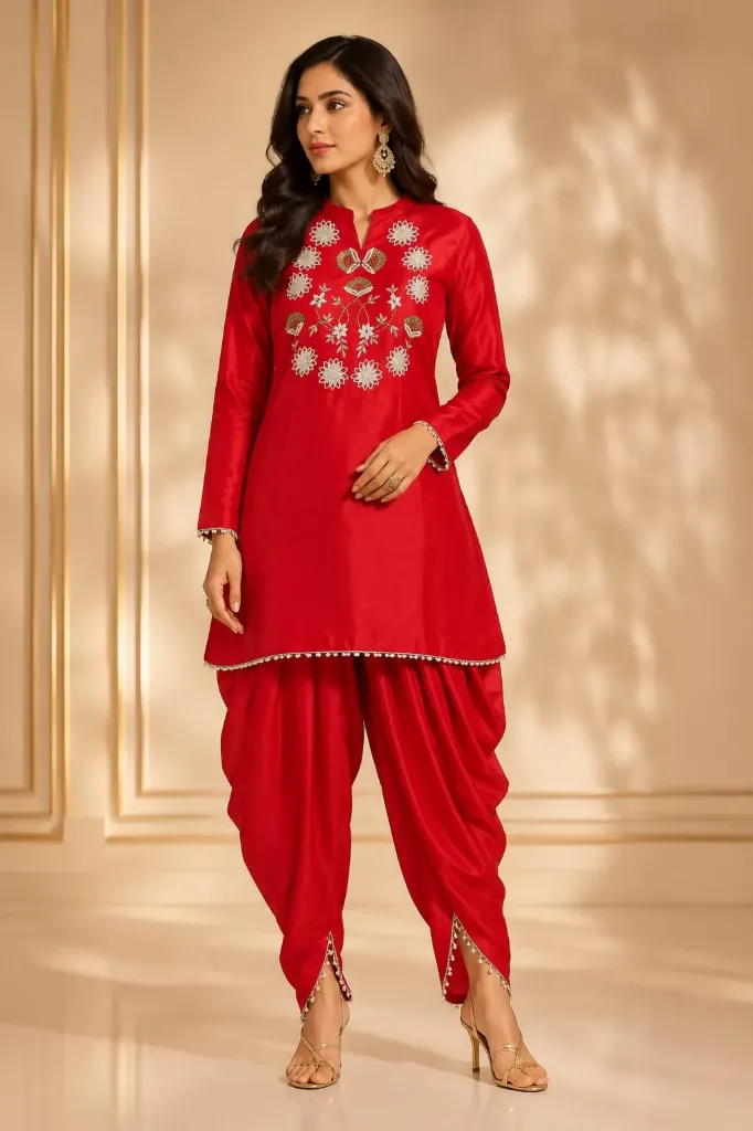 Royal Crimson Bloom Kurti Dhoti Set