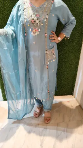 [D997642] Pastel Blue Silk Embroidered Suit Set with Dupatta