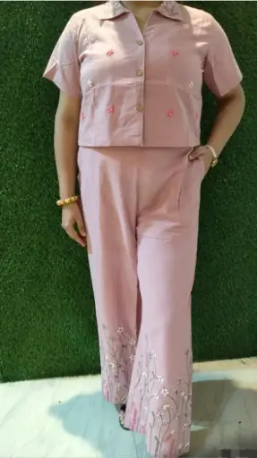 [RJ998801] Pink Embroidered Co-ord Set, Button-down Top & Pant