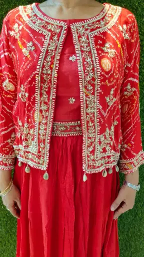 [BL999632] Magenta Bandhani Designer Dress with Mirror & Jari Work Jacket