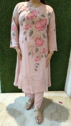 [DP996861] Pink Georgette Suit with Floral Painted Print, Pure Shiffon Dupatta