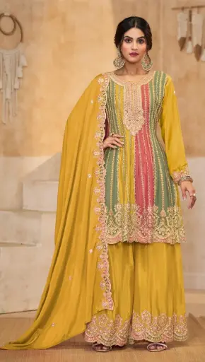 [G997342] Multicolor Jari Work Plazo Suit with Embroidered Dupatta
