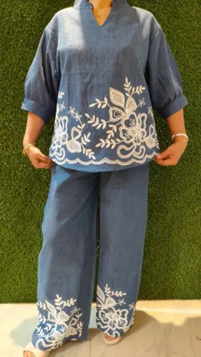 [V996221] Blue Denim Cotton Co-Ord Set with White Floral Patch