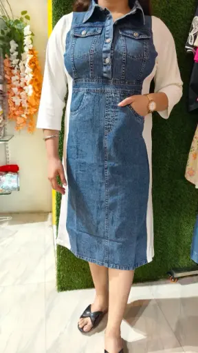 [V990411] Denim Shirt Style Dress with White Sleeves