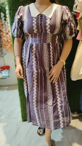 [V990851P] Vintage Purple Embroidered Midi Dress with Puff Sleeves & Crochet Collar