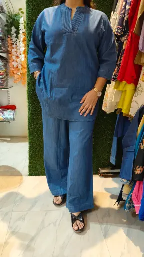 [V996951] Blue Denim Co-ord Set – Top with Plazo Pants