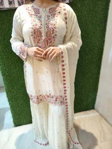 [KM994914] Cream Heavy Embroidered Suit with Garara & Dupatta, Festive Ethnic Wear