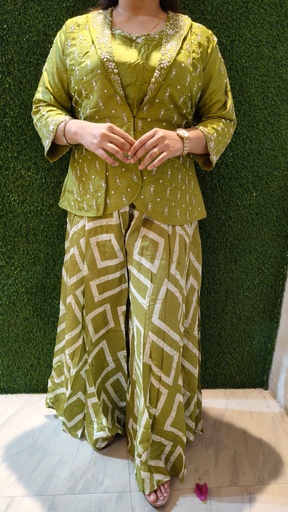 [D998892] Green Jacket Pattern Printed Plazo Set